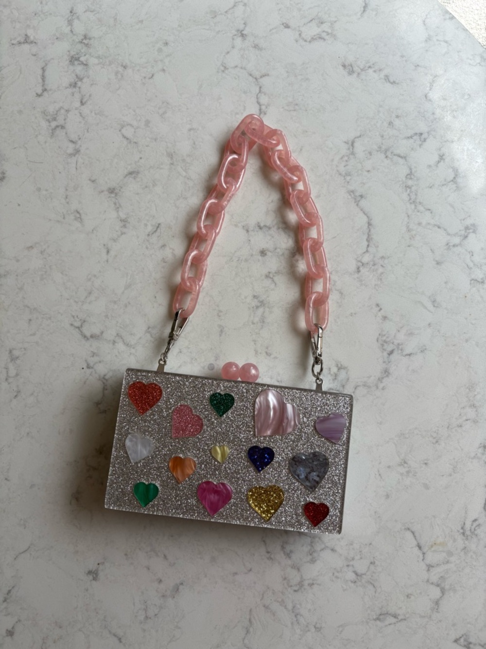 Bari Lynn Sparkle Heart Acrylic Box Bag with Pink Chain Handle